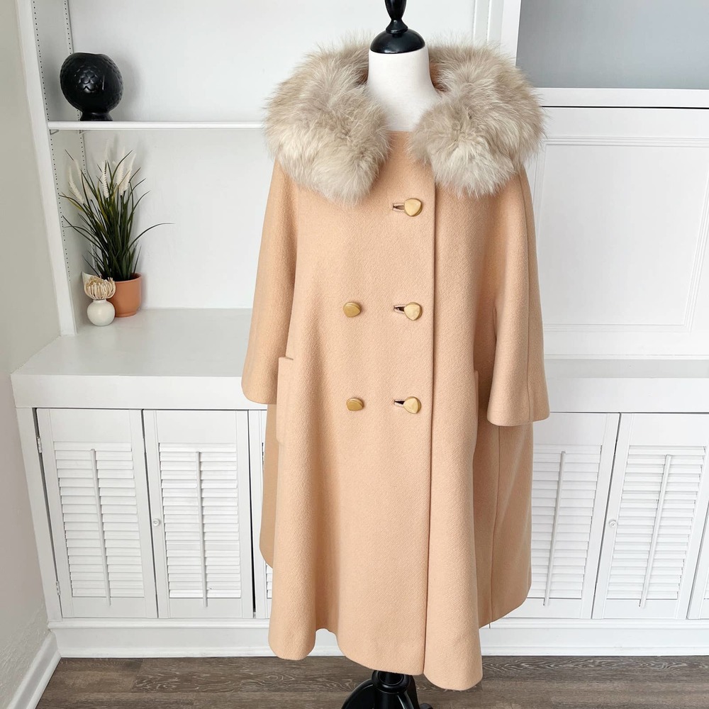Vintage Romay Azens Fur Collar Camel Tan Wool Swing Cape Coat Size S/M - Picture 2 of 9